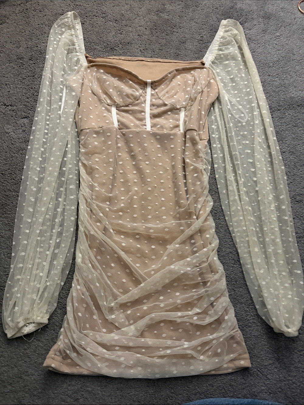 Sheer Polka Dot Nude Mesh Mini Dress with Puff Sleeves
